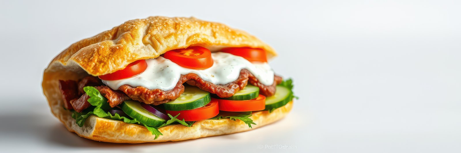 Fluffy bread filled with savory meat and fresh vegetables served on a white background